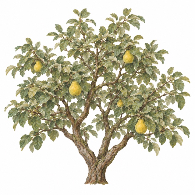 Cognassier adulte, illustration botanique